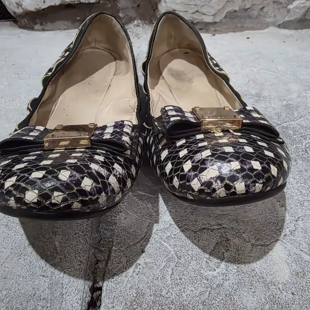 Cole Haan Tali Bow Ballet Flats Snake Embossed Gingham Black and White Women’s 7